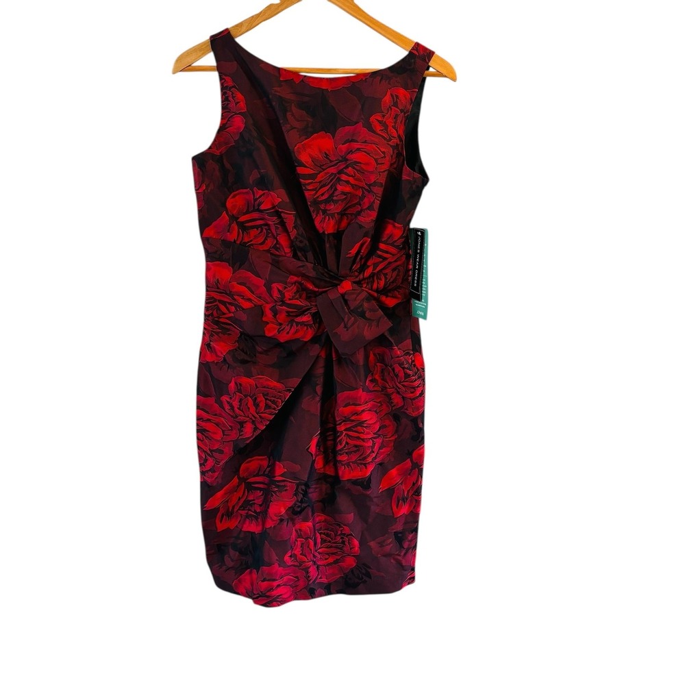 Jones Wear Sheath Dress 8 Red Dark Floral Bow Career‎ Party NWT